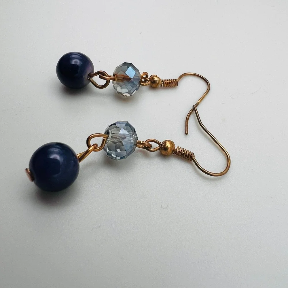 Handmade Blue Beaded Dangle Earrings Gold Tone French Hook Faceted Drop